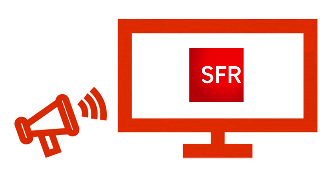 porte-voix devant un écran avec logo SFR