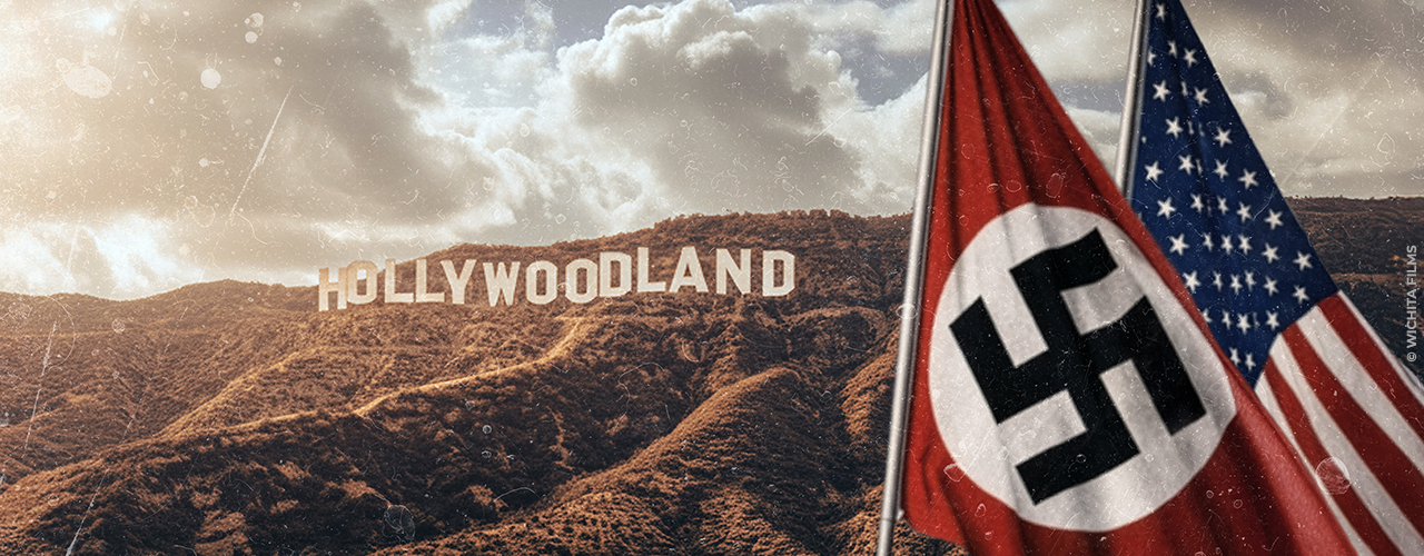 Colline Hollywood avec drapeau nazi et drapeau des Etats-Unis