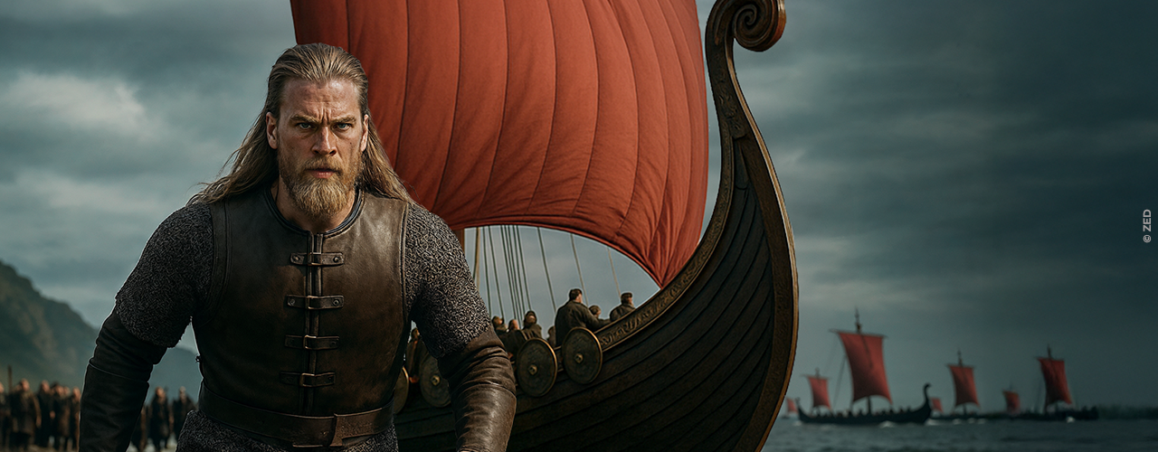 Guerrier viking devant des bateaux