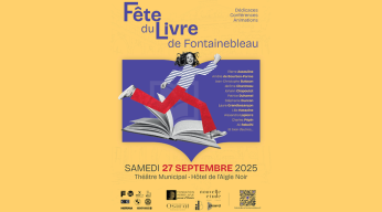 affiche représentant une jeune femme qui marche au milieu d'un livre