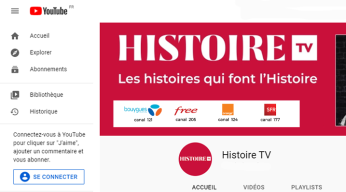 capture d'écran de YouTube avec logos HISTOIRE TV et distributeurs