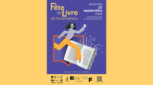 affiche représentant une jeune femme qui marche au milieu d'un livre